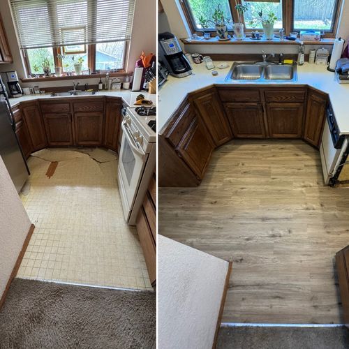 New flooring throughout kitchen & linoleum removed