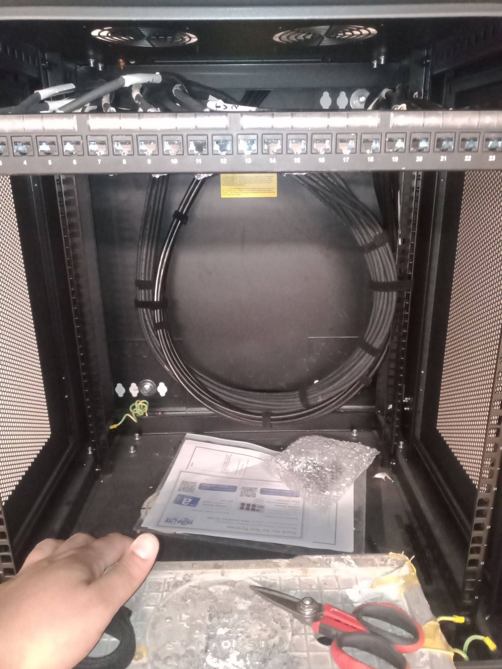 rack install with data terminations, patch panel, 