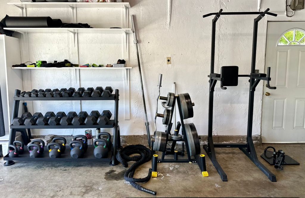 Dumbbell rack, battle ropes, weight plate pyramid,