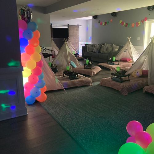 Hired XMJT to do a glow slumber party set up and t