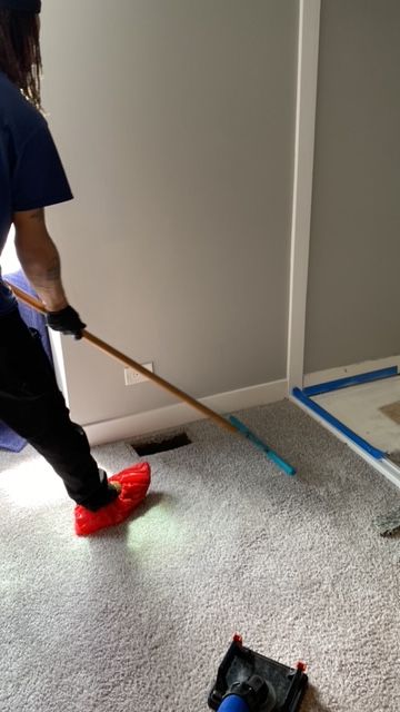 Raking the carpet prepping for cleaning