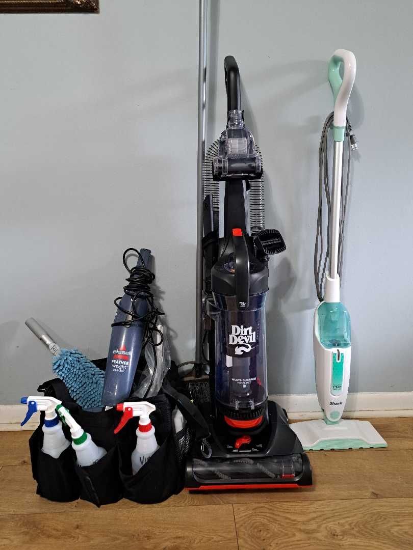 My tools for Success: Vacuum, steam mop,  cleaning