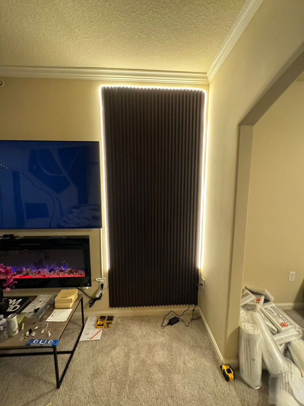 Wood wall panel install with LED strip