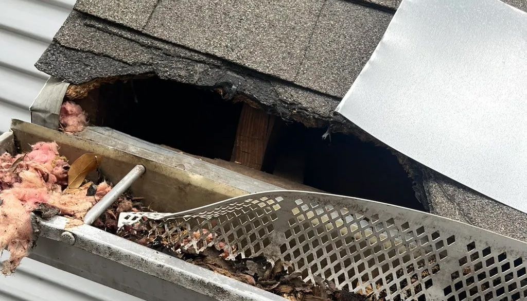 raccoon damage and gap in a roof