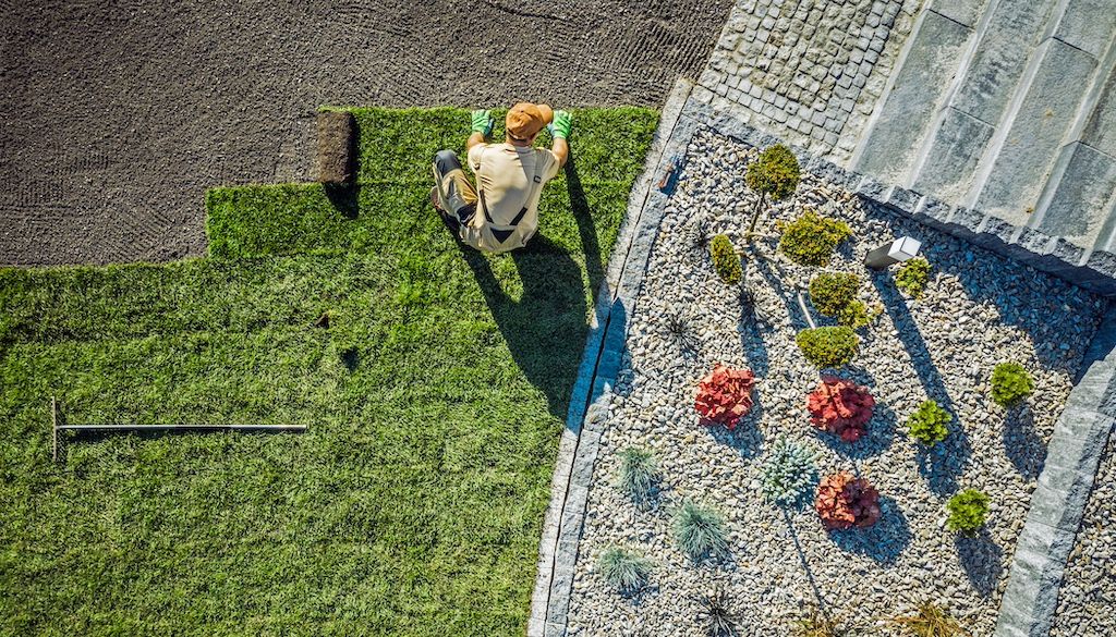 aerial view of pro installing sod in yard