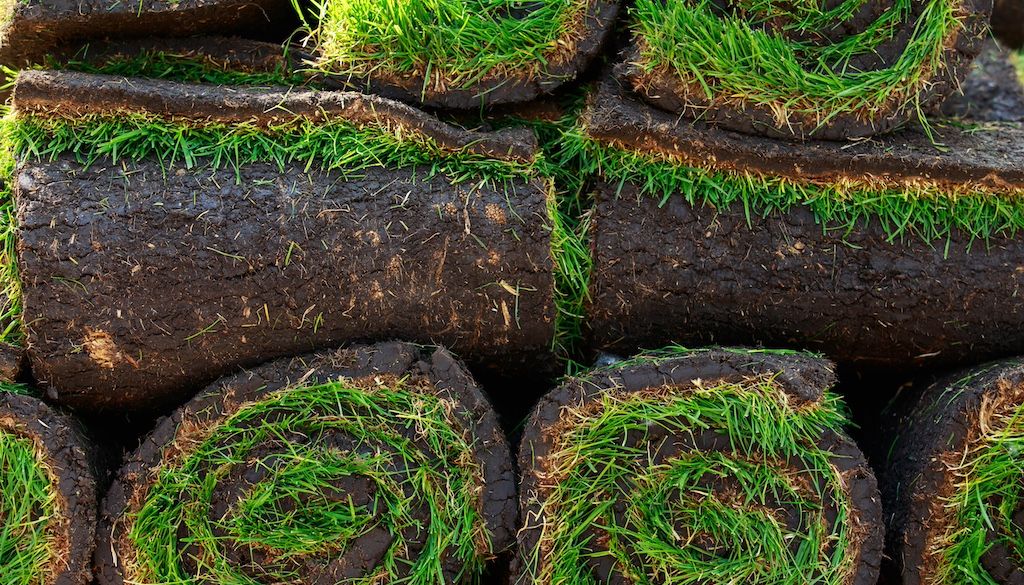 stacks of sod pallets rolled up