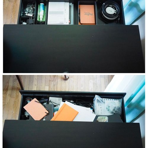 A simple before and after of an office junk drawer