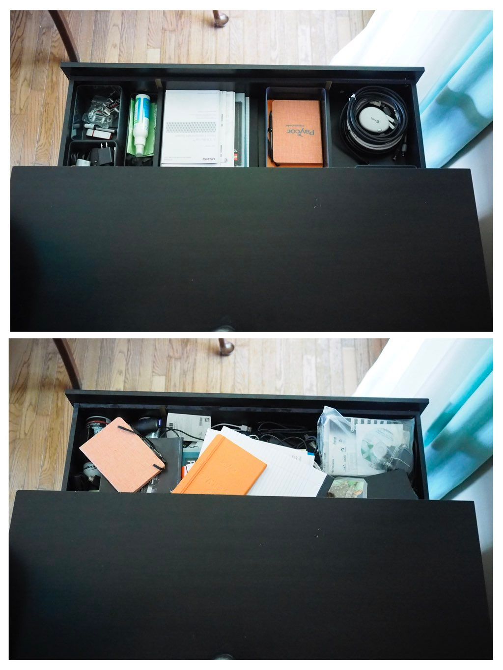 A simple before and after of an office junk drawer