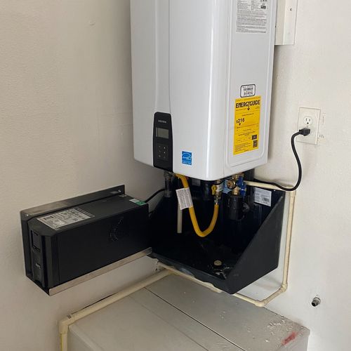 Tankless water installed with a battery backup.