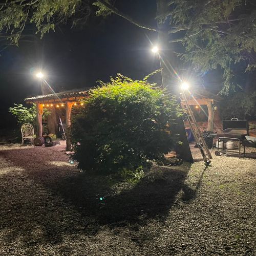 Outdoor lighting on trees, gazebo string lights & 