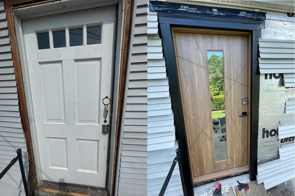 before and after installation of entrance door, in