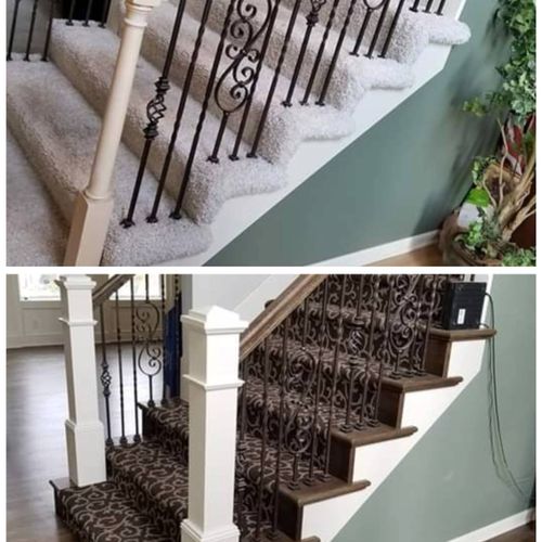 Before and after staircase remodel with new end ca