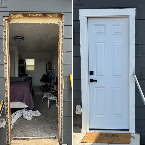 New exterior door, new framing, hardware, and elec