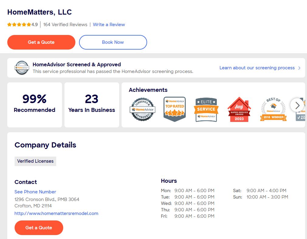 HomeAdvisor Ratings Page