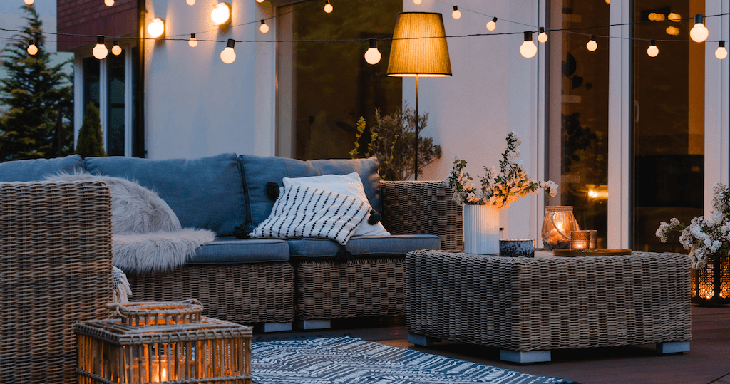 outdoor backyard with candles and lighting