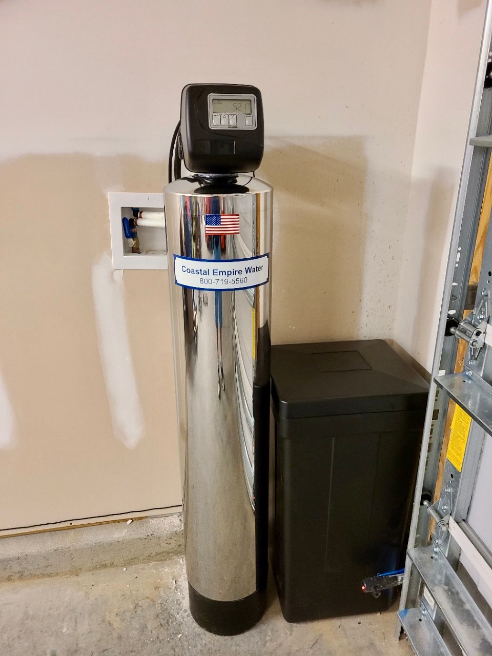 Installed water filtration unit in the garage
