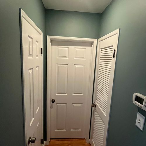 Interior hallway walls, doors, baseboards, and tri