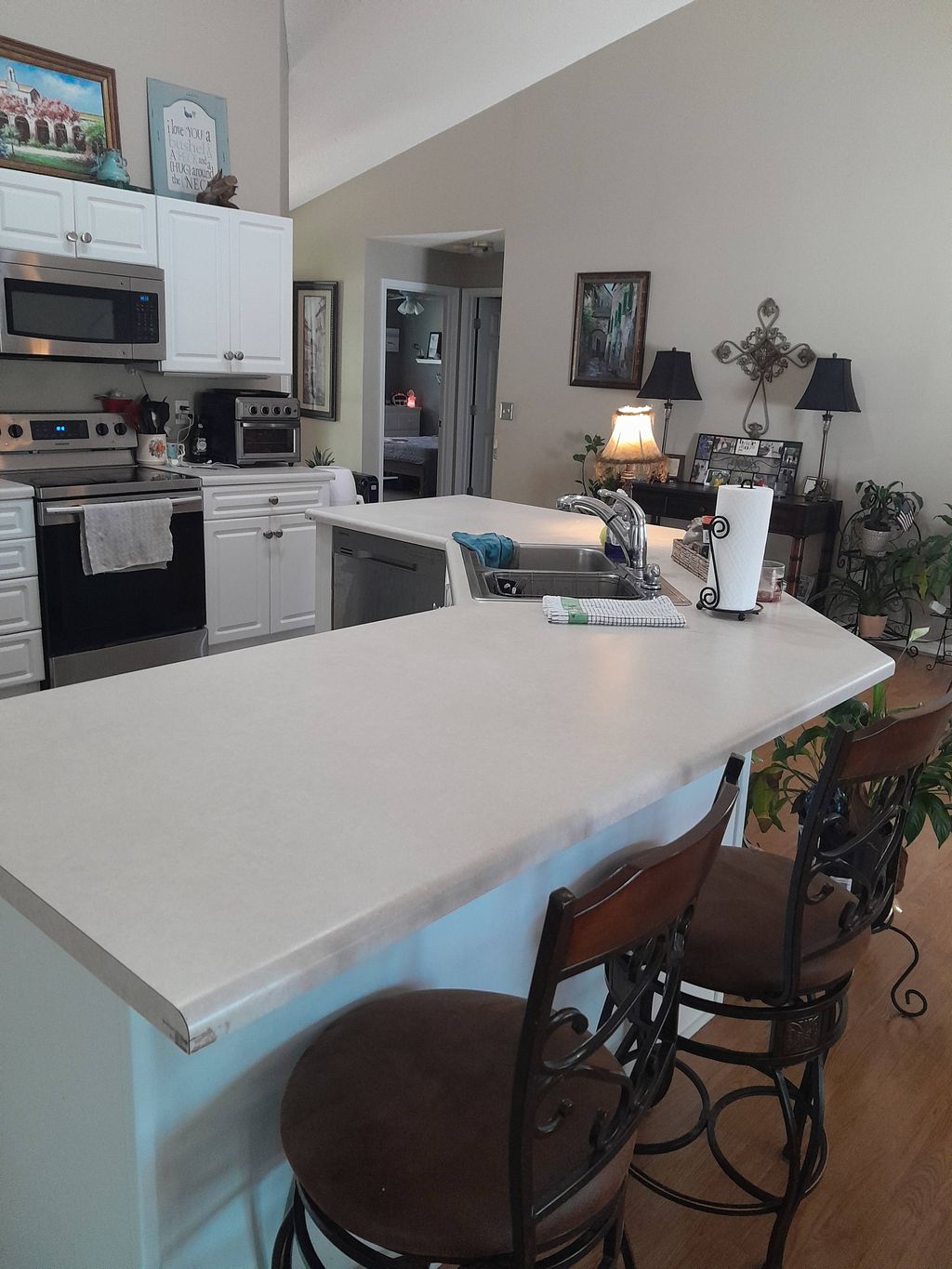 kitchen: dishes washed, dried, counters scrubbed a