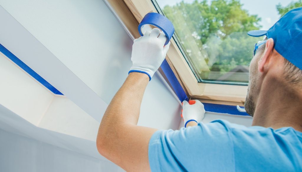 painter preparing room for painting with tape