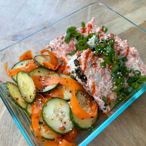 sushi bake w/ cucumber carrot and kimchi salad