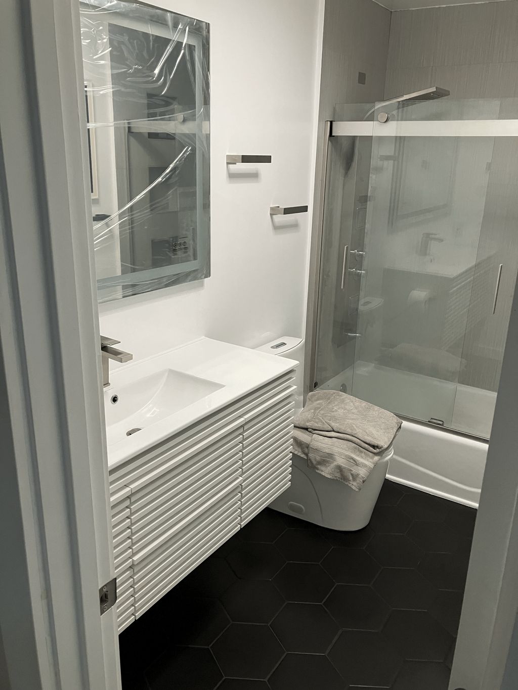 After bathroom remodel , replaced vanity, counter,