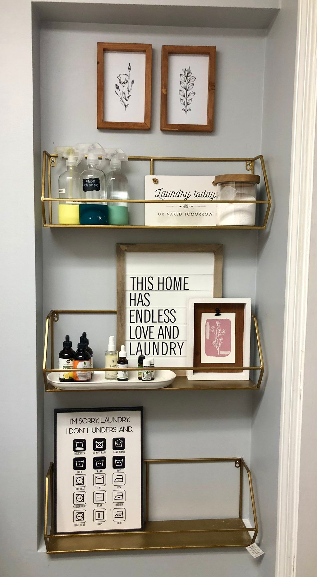 Unused space in a laundry room. We added shelves, 