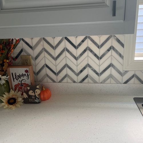 Waterfall tile installation kitchen backsplash 