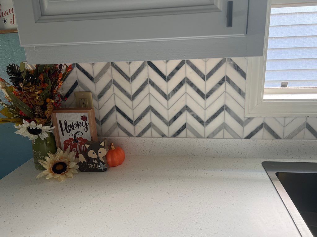 Waterfall tile installation kitchen backsplash 