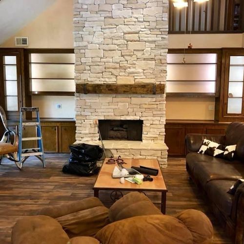 Stone Fire Place and Wood Mantel 