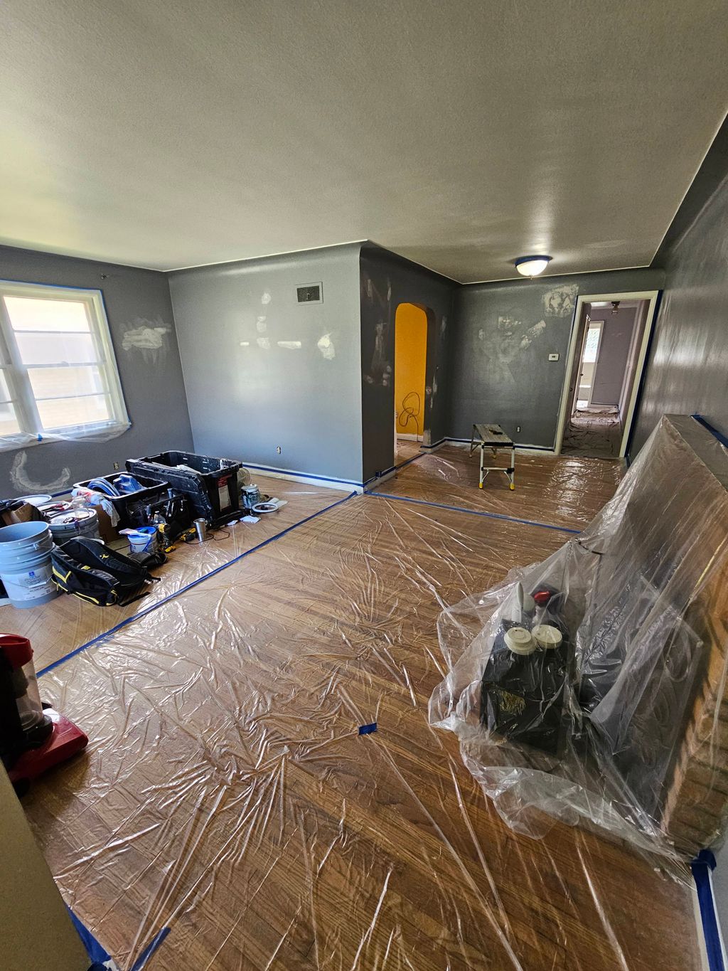 Typical preparation. I cover the flooring, fill ho