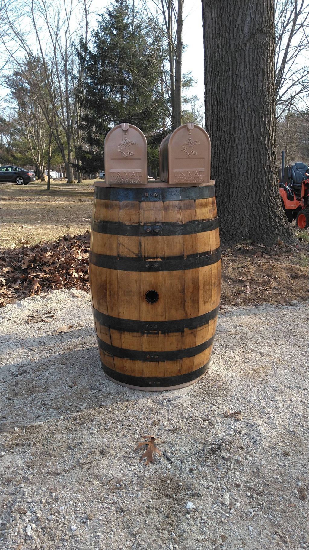 Custom whiskey barrel mailbox, fabricated and inst