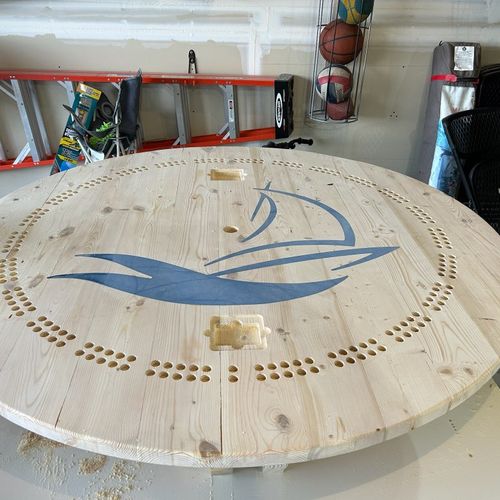 Round picnic table top with epoxy inlay and built-