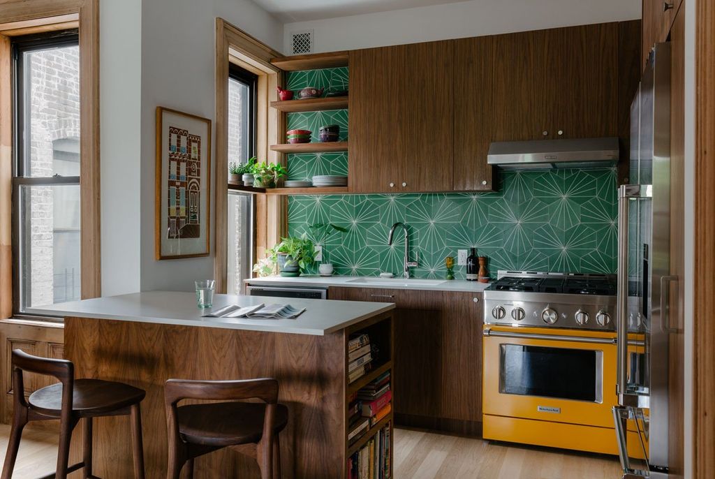 Custom Kitchen Cabinetry and Island: Walnut, Marbl