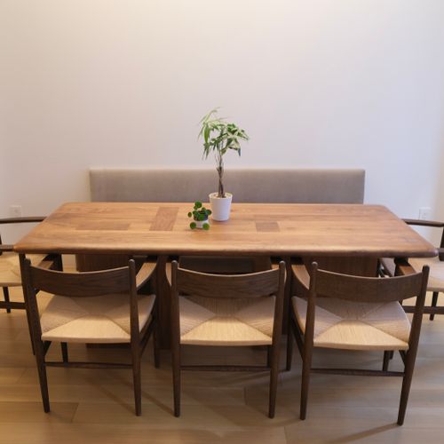 Custom Dining Table and Bench: Walnut and Upholste