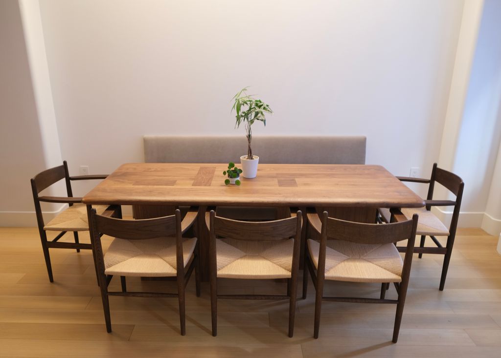 Custom Dining Table and Bench: Walnut and Upholste