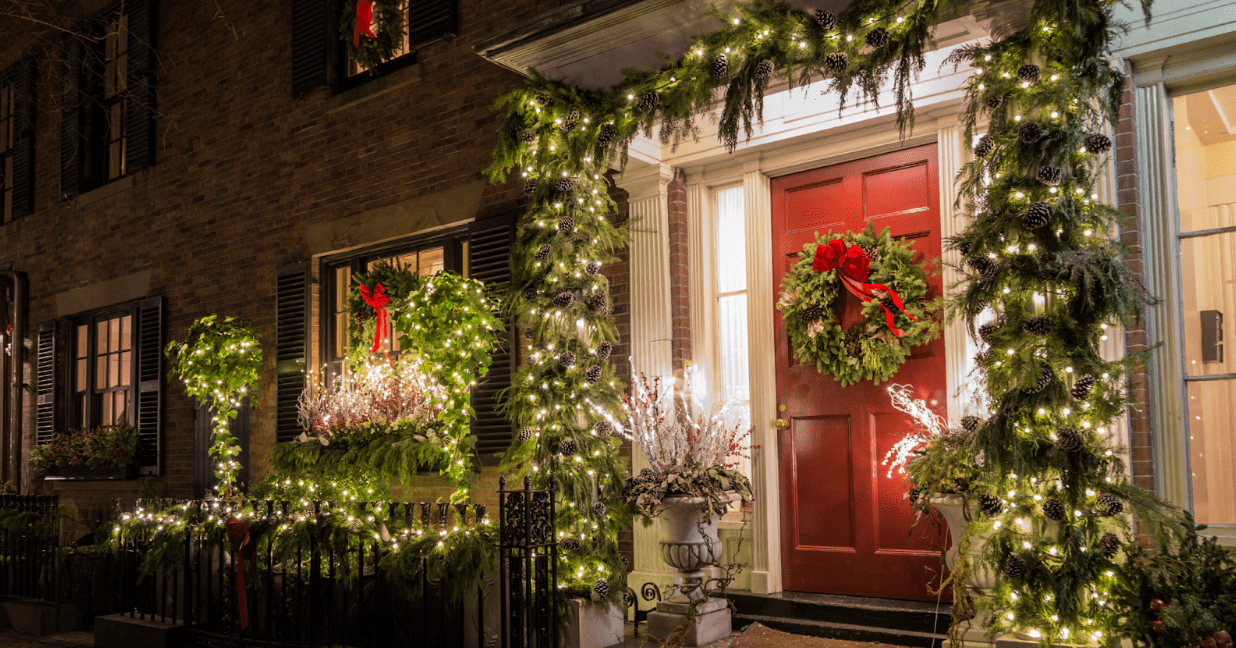 front home exterior with holiday lights