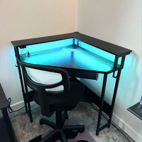 Corner computer desk with LED lights assembly