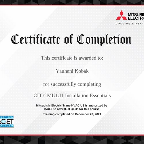 We are certified Mitsubishi mini split installer a