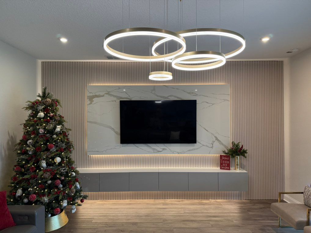Pendant light and led light installed under Tv pan