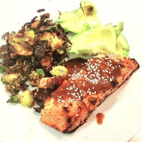 Teriyaki Salmon with avocado and crispy brussels s