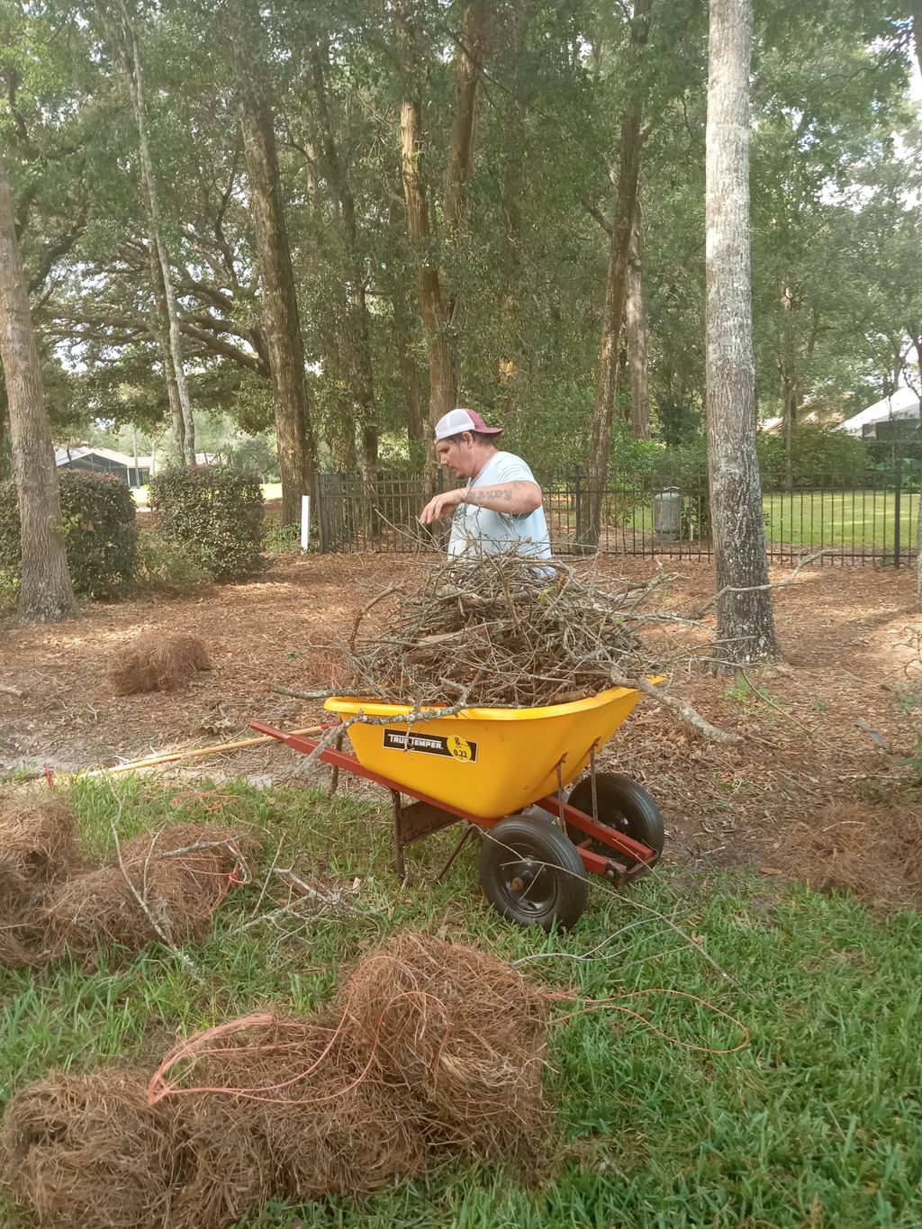 picking up sticks and laying pine straw