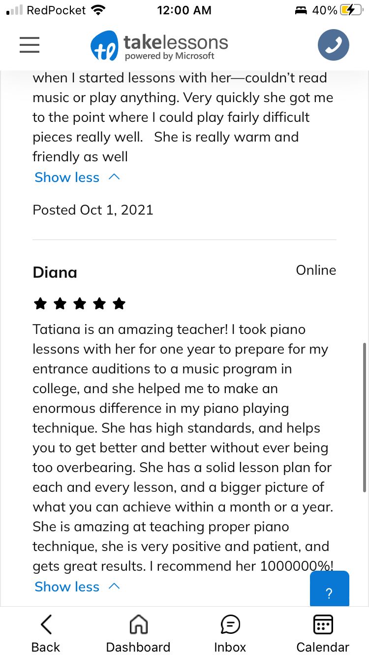 Review from a current student on Takelessons