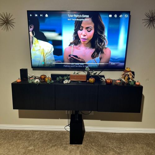 Floating TV cabinet, wall mount sound bar, and wal