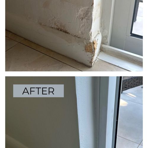 Before & After: Wall and baseboard repaired to per