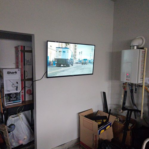 Tv mounted in the garage