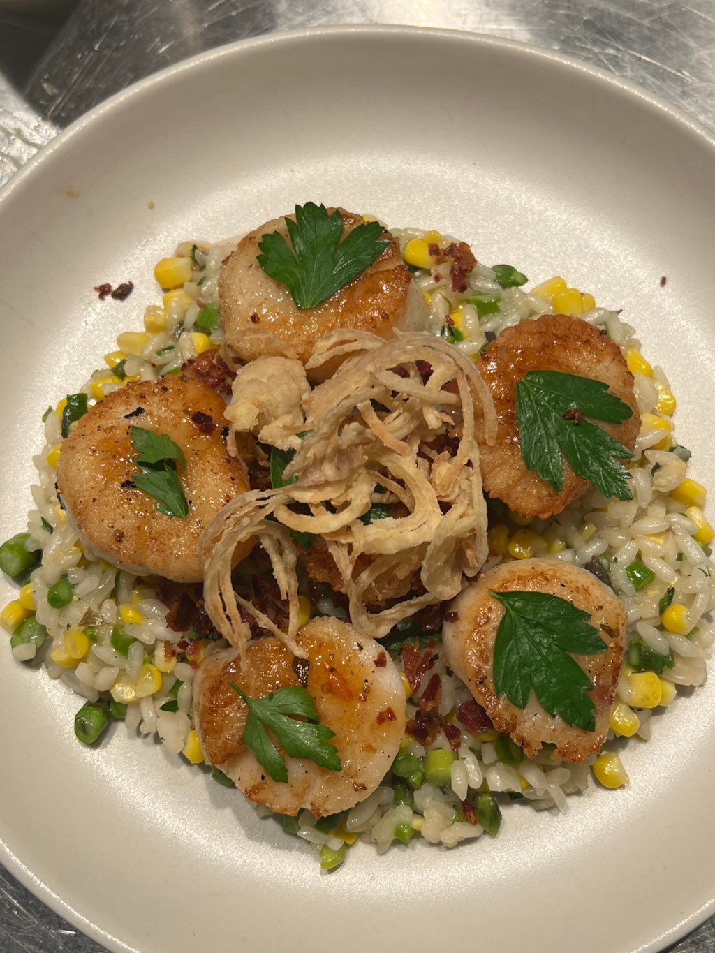 Seared Scallops on a Bed of Corn Rissoto