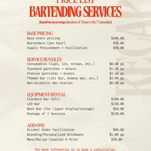 Rates: Event Bartending Services