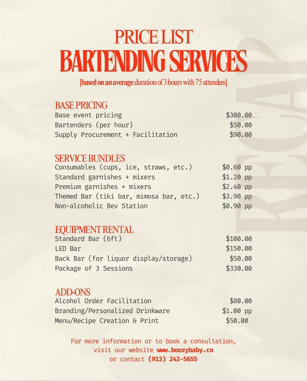 Rates: Event Bartending Services