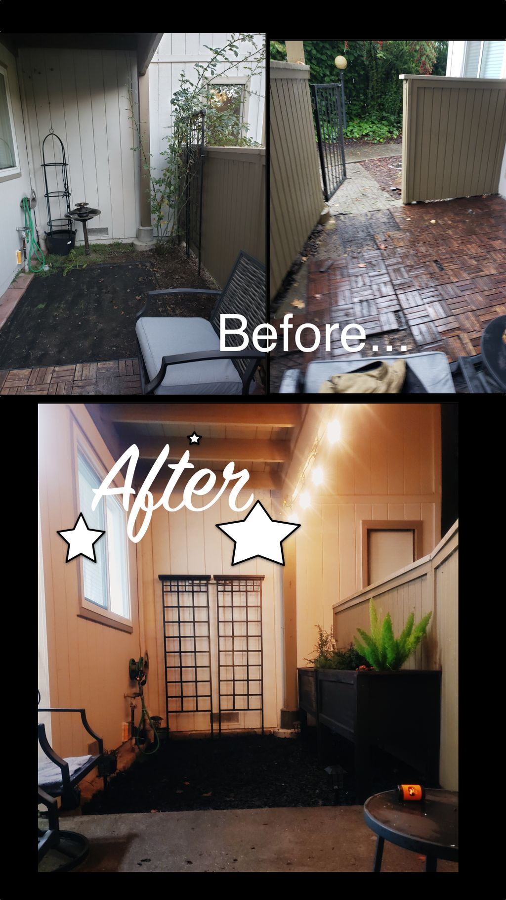 Patio Facelift: Custom planters, string lighting i