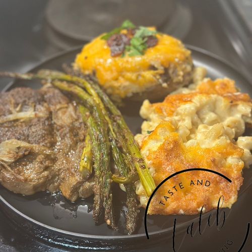 Steak asparagus Mac & cheese and loaded baked pota